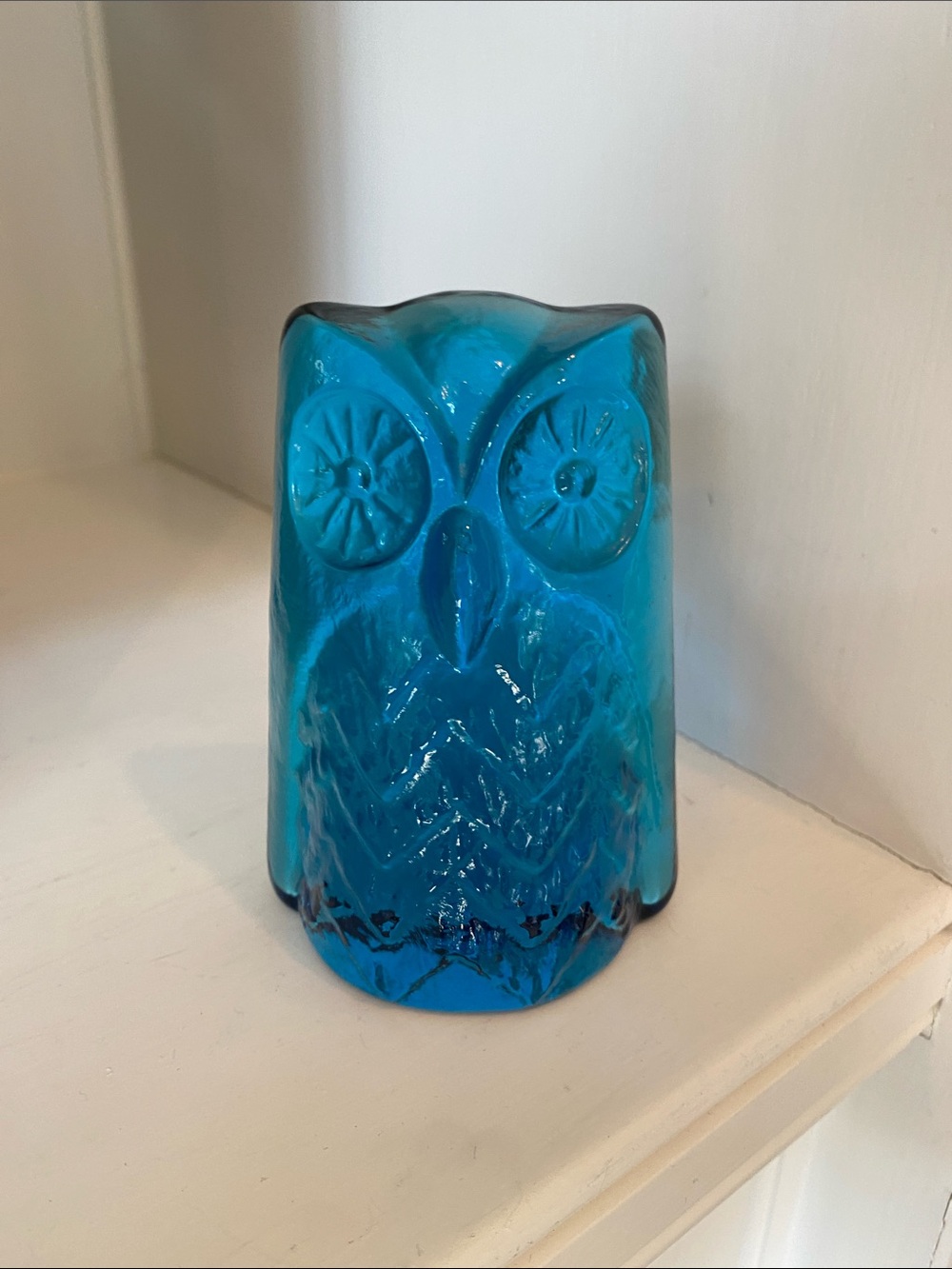 Cobalt Blue Glass Owl Figurine Paperweight Vintage 70's Translucent
